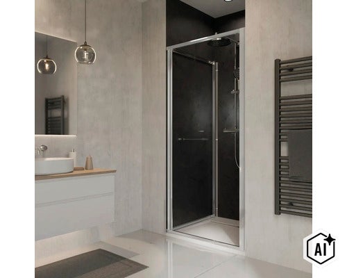 Modernes Badezimmer mit Glas Duschkabine, Waschbecken und beheizbarem Handtuchhalter im minimalistischen Design. (Image AI modified or generated)