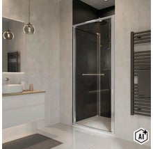 Moderne Duschkabine mit Schwingtür in einem eleganten Badezimmer mit Waschbecken und beheizbarem Handtuchhalter. (Image AI modified or generated)