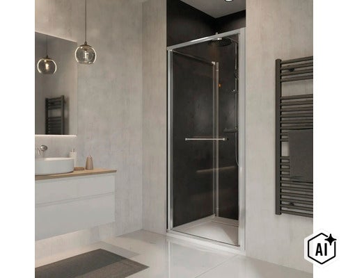 Moderne Duschkabine mit Schwingtür in einem eleganten Badezimmer mit Waschbecken und beheizbarem Handtuchhalter. (Image AI modified or generated)