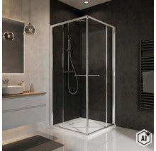 Moderne quadratische Duschkabine aus Glas mit Metallrahmen in einem stilvoll eingerichteten Badezimmer mit Waschtisch und Regendusche. (Image AI modified or generated)
