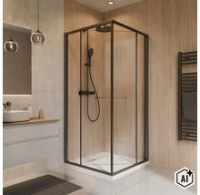 Moderne Eckduschkabine mit schwarzem Rahmen, Klarglas und integrierter Duscharmatur in einem stilvollen Badezimmer mit Holzoptik. (Image AI modified or generated)