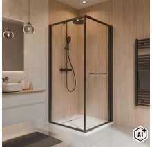 Moderne Eckduschkabine mit schwarzem Rahmen und Duschsystem in einem Badezimmer mit Holzoptik Wänden und weißem Waschtisch. (Image AI modified or generated)