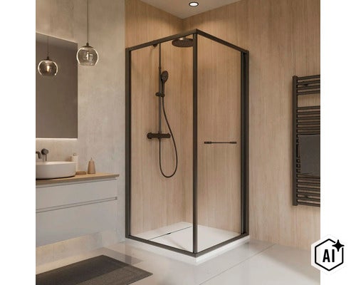 Moderne Eckduschkabine mit schwarzem Rahmen und Duschsystem in einem Badezimmer mit Holzoptik Wänden und weißem Waschtisch. (Image AI modified or generated)