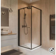 Moderne Eckduschkabine mit rahmenlosem Glas und dunklen Profilen in einem stilvoll eingerichteten Badezimmer mit Holzoptik. (Image AI modified or generated)