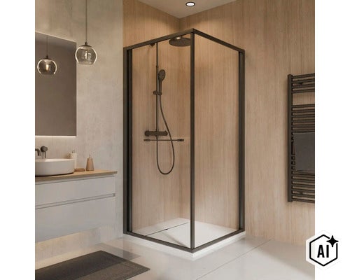 Moderne Eckduschkabine mit rahmenlosem Glas und dunklen Profilen in einem stilvoll eingerichteten Badezimmer mit Holzoptik. (Image AI modified or generated)