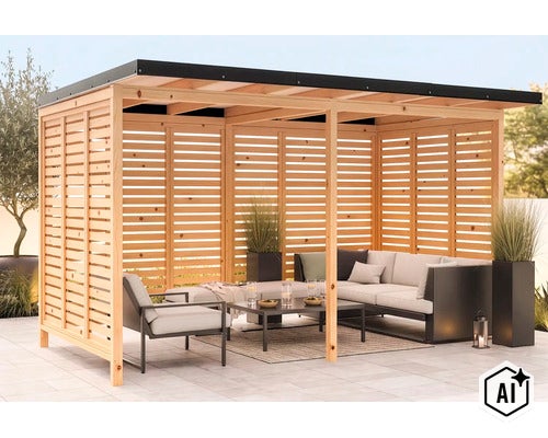 Moderner Holzpavillon mit Lamellenwänden und Flachdach als gemütlicher Lounge Bereich im Garten mit Loungemöbeln und Dekoration auf der Terrasse. (Image AI modified or generated)