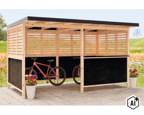 Offener Fahrradunterstand aus Holz mit Lamellenwänden und Flachdach für die geschützte Aufbewahrung von Fahrrädern im Garten. (Image AI modified or generated)