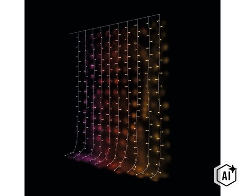 LED Lichtervorhang mit mehreren vertikalen Strängen für die Dekoration im Innen und Außenbereich (Image AI modified or generated)