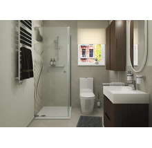Modernes Badezimmer mit begehbarer Dusche, Wandfliesen in Wellenoptik, WC, Waschtisch mit Unterschrank in Holzoptik und rundem Spiegel.
