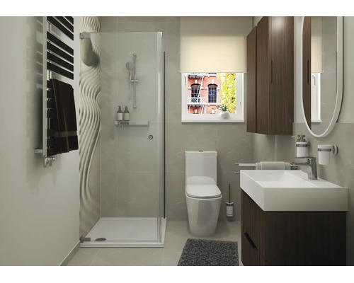 Modernes Badezimmer mit begehbarer Dusche, Wandfliesen in Wellenoptik, WC, Waschtisch mit Unterschrank in Holzoptik und rundem Spiegel.