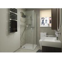 Modernes Badezimmer mit Eckduschkabine, Zen-Wandmotiv, bodenstehendem WC, Waschbecken mit Unterschrank und Handtuchheizkörper in einem hellen Raum.