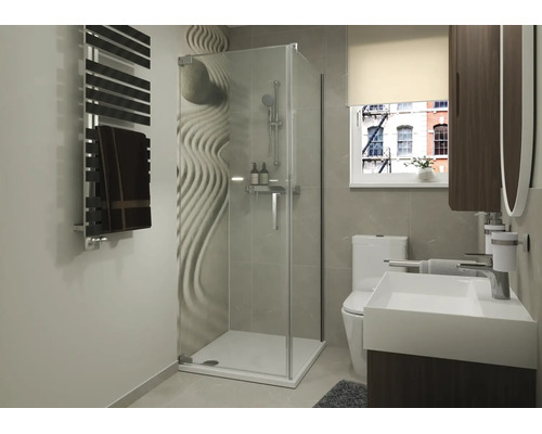 Modernes Badezimmer mit Eckduschkabine, Zen-Wandmotiv, bodenstehendem WC, Waschbecken mit Unterschrank und Handtuchheizkörper in einem hellen Raum.
