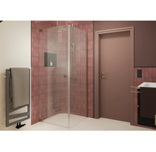 Moderne Eckdusche mit Glastür und Duschsystem vor gefliester Wand in einem Badezimmer