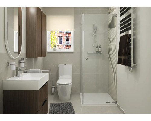 Modernes Badezimmer mit Waschtisch, wandhängendem Schrank, Toilette und einer Duschkabine mit strukturierter Wandgestaltung.