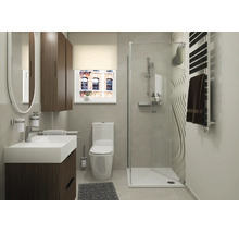 Modernes Badezimmer mit Waschtisch, Toilette und einer Duschkabine mit einer strukturierten Wand in einer hellen und organisierten Umgebung.