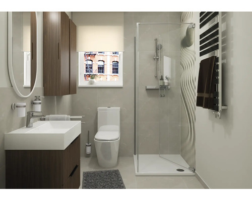 Modernes Badezimmer mit Waschtisch, Toilette und einer Duschkabine mit einer strukturierten Wand in einer hellen und organisierten Umgebung.