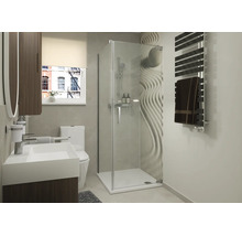 Modernes Badezimmer mit quadratischer Duschkabine aus Glas, Waschbecken, Toilette und Handtuchheizkörper in einem hellen, zeitgemäßen Design.