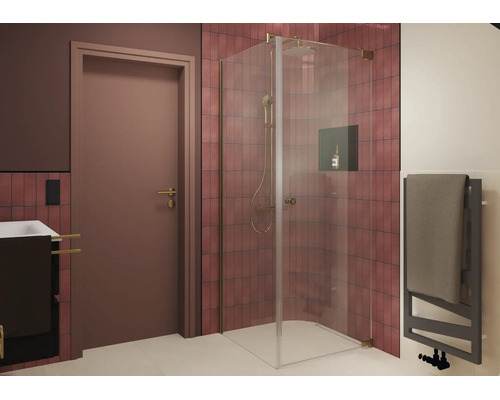 Moderne Eckdusche mit Glastrennwand vor einer gefliesten Wand in einem stilvoll eingerichteten Badezimmer mit Tür und Handtuchheizkörper.