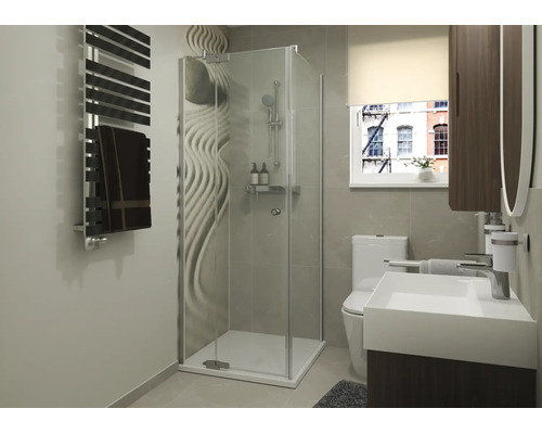 Modernes Badezimmer mit Eckduschkabine, Waschtisch, Toilette, Handtuchheizkörper und Fliesen mit Wellenmuster.
