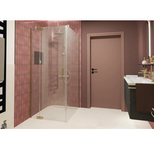 Modernes Badezimmer mit Eckdusche, Klarglasduschwand mit Metallprofilen, Regendusche und Waschtisch mit passenden Armaturen vor Kachelwand.