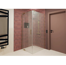 Moderne Eckdusche mit Glaselementen, Messingbeschlägen und Armaturen in einem Badezimmer mit roten Fliesen.