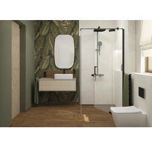 Modernes Badezimmer mit Waschtisch, wandhängendem Unterschrank, Aufsatzwaschbecken, Spiegel, ebenerdiger Dusche und hängender Toilette.