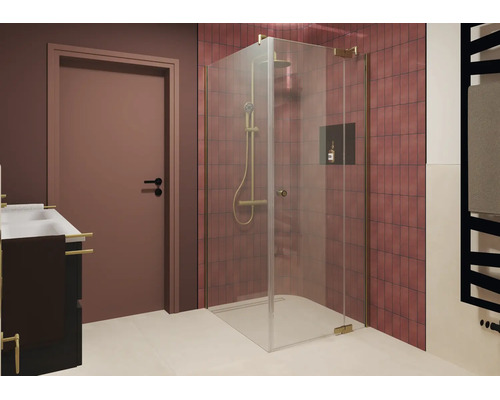 Moderne Eckdusche mit Echtglas und metallischen Profilen in einem Badezimmer mit roten Fliesen und Armaturen.
