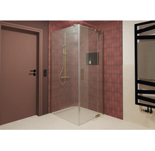 Moderne Eckdusche mit Glaselementen und Duschsystem in einem Badezimmer mit Fliesenwand und integrierter Nische.