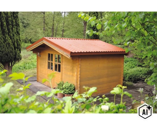 Gartenhaus aus Holz mit Satteldach in einem grünen Garten mit Bäumen und Sträuchern im Hintergrund (Image AI modified or generated)