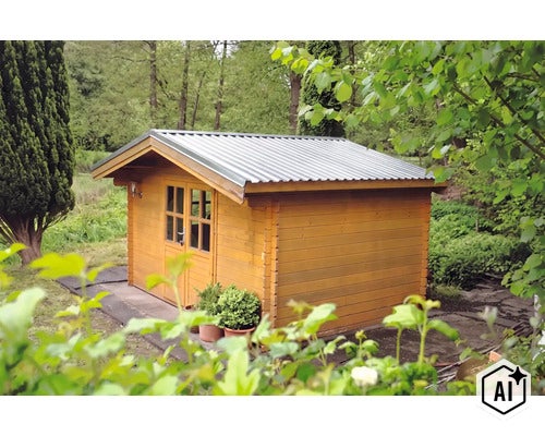 Holzgartenhaus mit Satteldach und Wellblechbedeckung in einem Garten mit Bäumen und Sträuchern. (Image AI modified or generated)