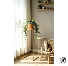 Wohnraum mit einem metallischen Blumenständer mit Efeu, einem Rattanstuhl mit einer Katze und einem Wandregal mit kleinen Topfpflanzen. (Image AI modified or generated)