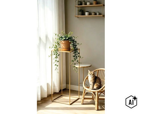 Wohnzimmer mit hoher metallener Pflanzensäule, Rattan-Stuhl, Wandregal mit kleinen Töpfen und Katze am Fenster. (Image AI modified or generated)