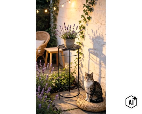 Garten-Szenario mit einem metallenen Pflanzenständer, der eine Lavendelpflanze trägt, vor einer Natursteinmauer mit einer Katze auf einem Sitzkissen. (Image AI modified or generated)