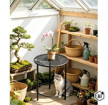 Ein runder Metalltisch mit Blattmuster steht in einem hellen Gewächshaus, in dem sich eine Katze, eine Orchidee und Pflanzen auf Holzregalen befinden. (Image AI modified or generated)