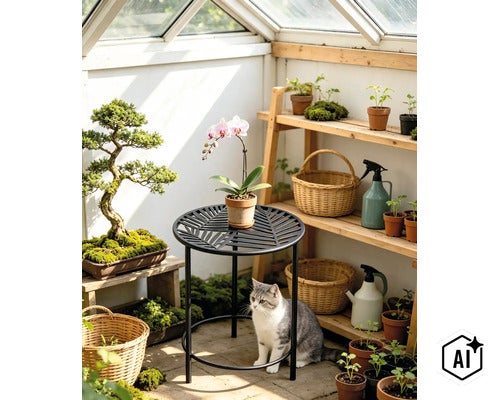 Ein runder Metalltisch mit Blattmuster steht in einem hellen Gewächshaus, in dem sich eine Katze, eine Orchidee und Pflanzen auf Holzregalen befinden. (Image AI modified or generated)