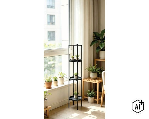 Ein schmaler Blumenständer aus Metall mit drei runden Ebenen, platziert in einem hellen Wohnraum vor einem Fenster mit weiteren Zimmerpflanzen. (Image AI modified or generated)