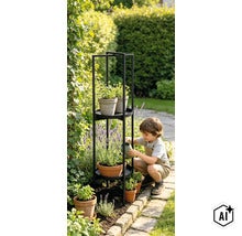 Ein Kind gießt Pflanzen in Tontöpfen, die auf einem hohen, schlichten Metall-Pflanzenregal in einem sonnigen Garten stehen. (Image AI modified or generated)