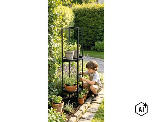 Ein Kind gießt Pflanzen in Tontöpfen, die auf einem hohen, schlichten Metall-Pflanzenregal in einem sonnigen Garten stehen. (Image AI modified or generated)