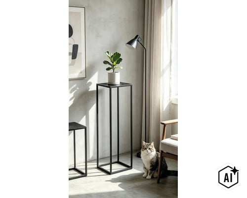 Ein hoher quadratischer Blumenständer aus Metall im modernen Design mit einer Topfpflanze neben einer Stehlampe und einem Sessel. (Image AI modified or generated)