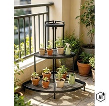 Dreistöckiges, dreieckiges Blumenregal aus Metall zur Eckplatzierung auf dem Balkon mit verschiedenen kleinen Pflanztöpfen und einer Gießkanne. (Image AI modified or generated)