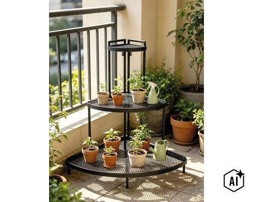 Dreistöckiges, dreieckiges Blumenregal aus Metall zur Eckplatzierung auf dem Balkon mit verschiedenen kleinen Pflanztöpfen und einer Gießkanne. (Image AI modified or generated)