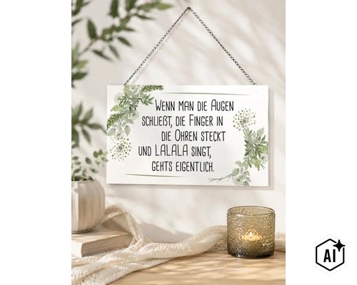 Wandschild aus Holz mit humorvollem deutschem Spruch und floralen Dekorationen zum Aufhängen an einer Kette. (Image AI modified or generated)