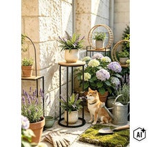 Blumenständer aus Metall mit Holzablagen in einem Garten mit Topfpflanzen Lavendel Hortensien und einem Hund. (Image AI modified or generated)