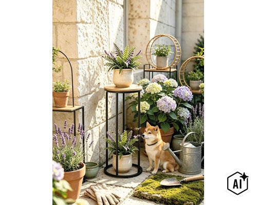 Blumenständer aus Metall mit Holzablagen in einem Garten mit Topfpflanzen Lavendel Hortensien und einem Hund. (Image AI modified or generated)