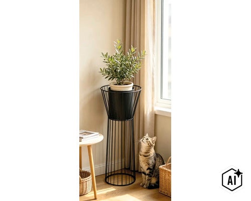 Ein Olivenbaum in einem Übertopf auf einem schwarzen, drahtförmigen Pflanzenständer steht neben einer Katze in einem hellen Wohnraum. (Image AI modified or generated)