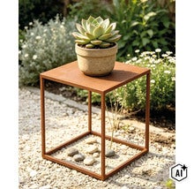 Quadratischer Beistelltisch aus Metall in Rostoptik mit einer Sukkulente im Topf, platziert im Garten auf einem Kiesweg. (Image AI modified or generated)