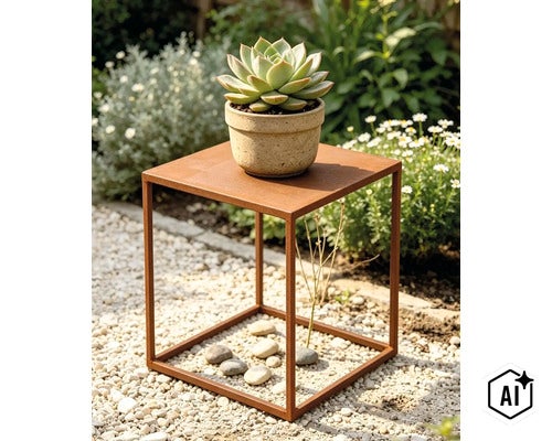 Quadratischer Beistelltisch aus Metall in Rostoptik mit einer Sukkulente im Topf, platziert im Garten auf einem Kiesweg. (Image AI modified or generated)