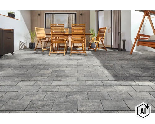 Terrasse mit Pflastersteinen in rechteckiger Verlegung vor einem Wohnhaus mit Holzmöbeln und einer Hollywoodschaukel im Außenbereich. (Image AI modified or generated)