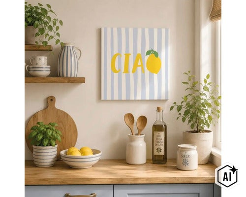 Wandbild mit Ciao Schriftzug und Zitronenmotiv in einer hellen mediterranen Küche mit Holzarbeitsplatte und Küchenutensilien. (Image AI modified or generated)