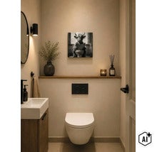 Modernes Gäste WC mit Wand WC, hängendem Waschbecken, Holzregal und humorvollem Wandbild eines Rinds auf der Toilette. (Image AI modified or generated)